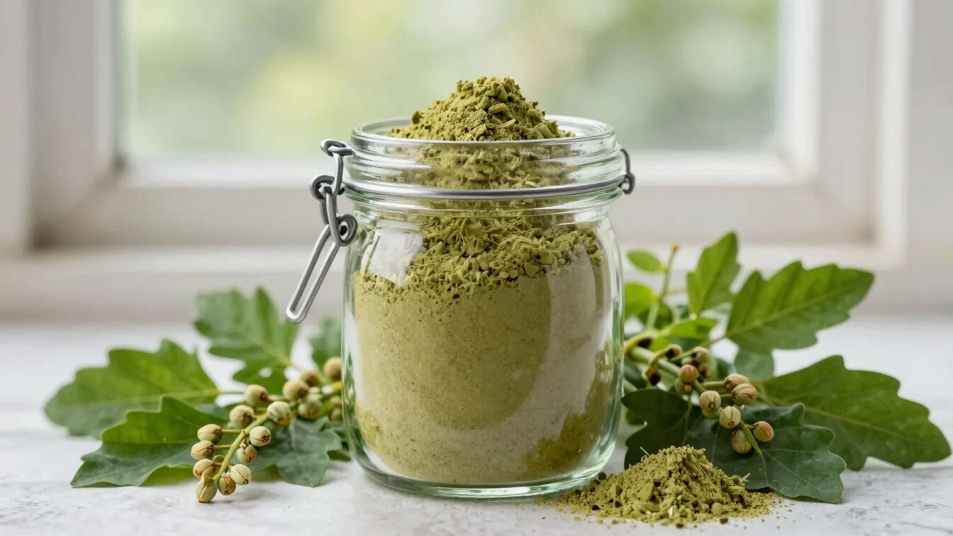 Glass storage jar filled with vibrant green moringa powder beside fresh leafy greens, morning window light