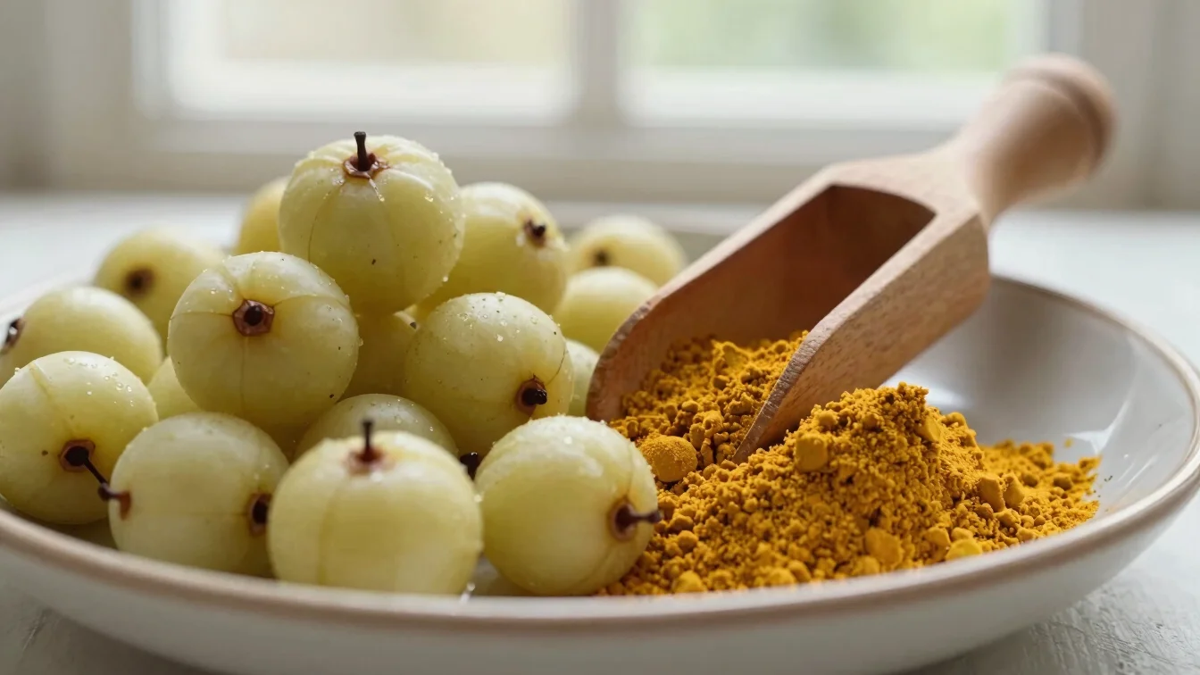 Fresh raw amla and a wooden scoop resting on a ceramic dish with golden amla powder