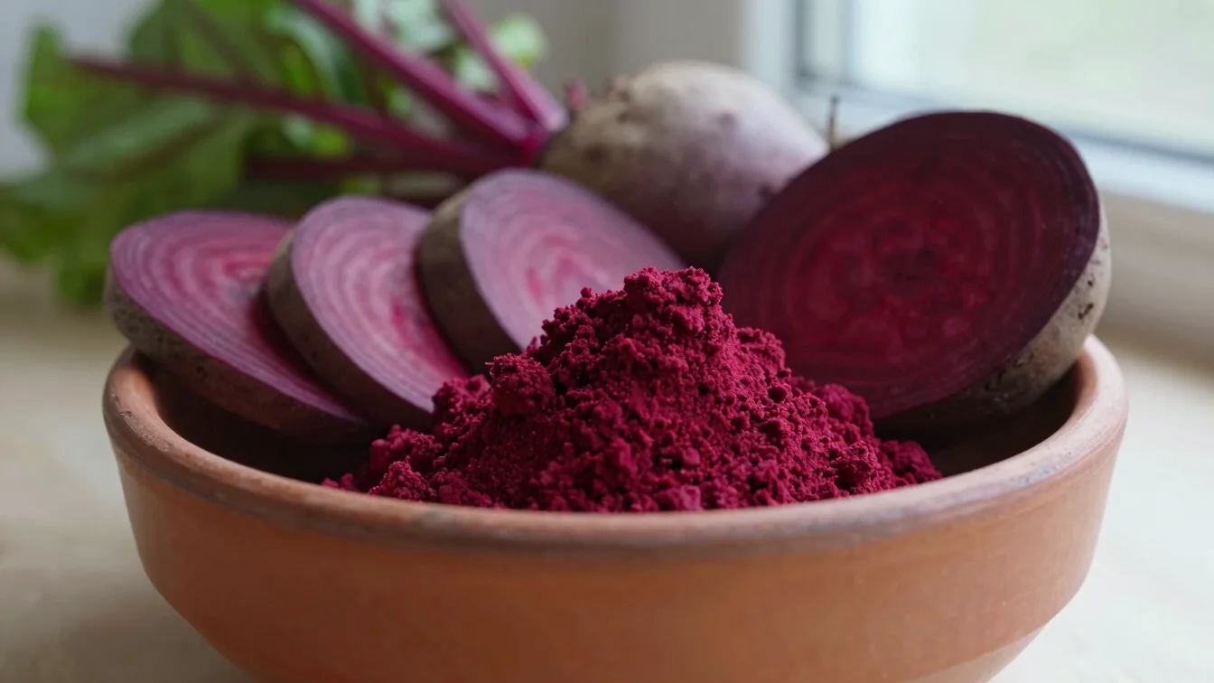 Sliced fresh beetroot beside deep crimson beetroot powder in an unglazed terracotta bowl