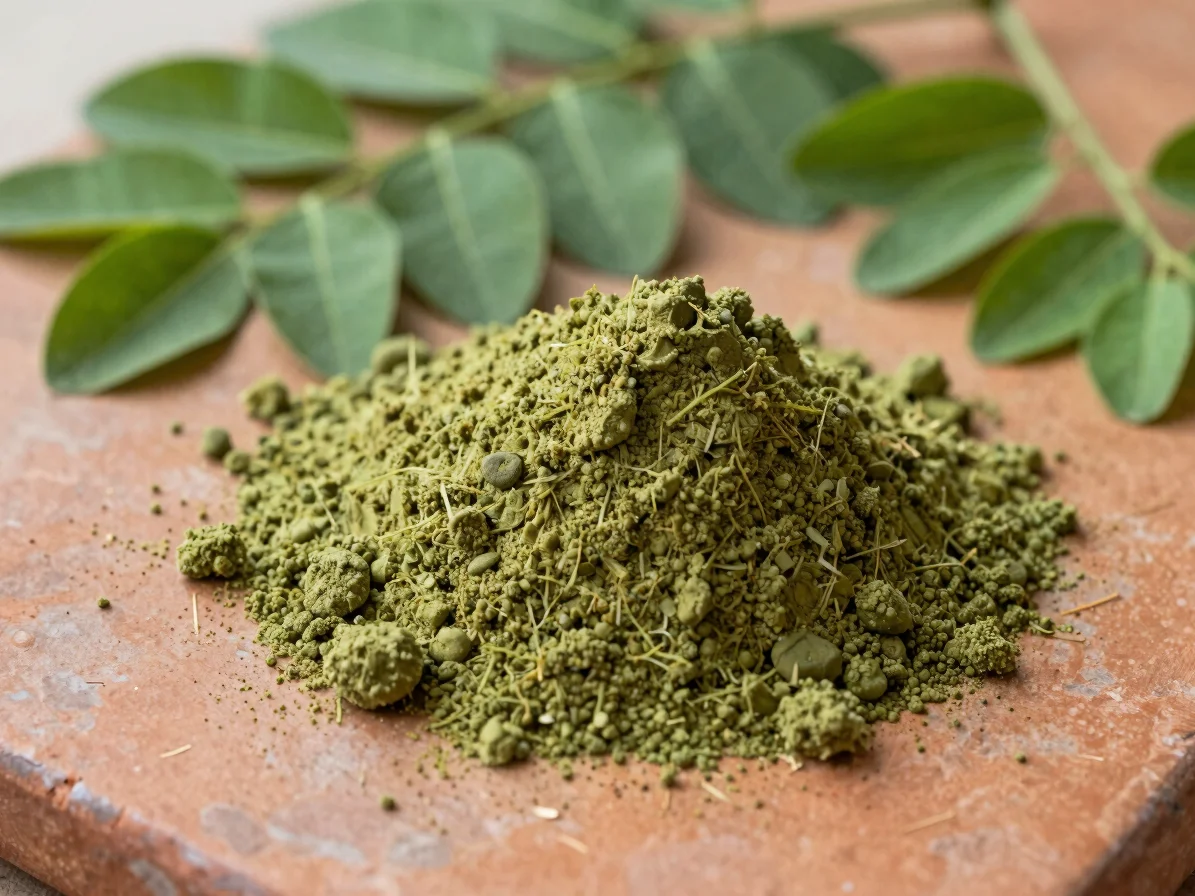 Top-down macro shot of fine green moringa powder texture next to fresh leaves on an unglazed terracotta surface under so