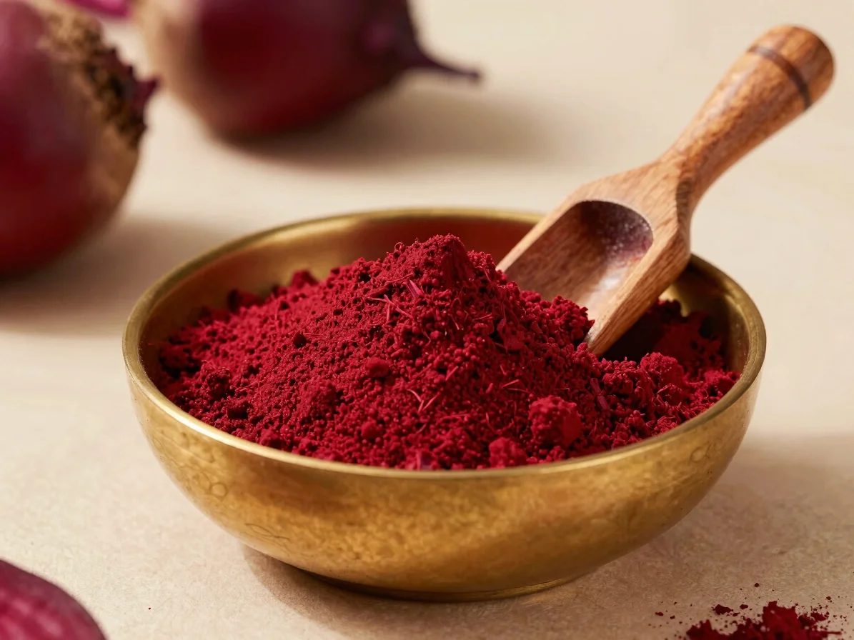 Close-up of vibrant beetroot powder in a handmade brass bowl with wooden scoop, rich botanical earth tones and natural m