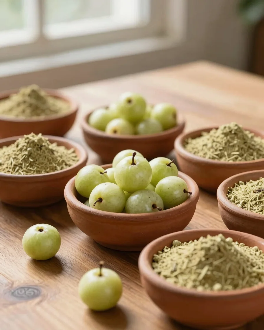 Fresh raw amla fruits and unglazed terracotta bowls filled with f